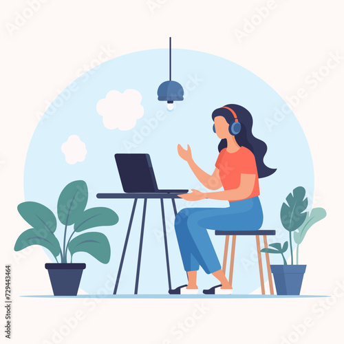 Girl working at the desk on the computer wearing headsets. Illustration in flat style representing remote work