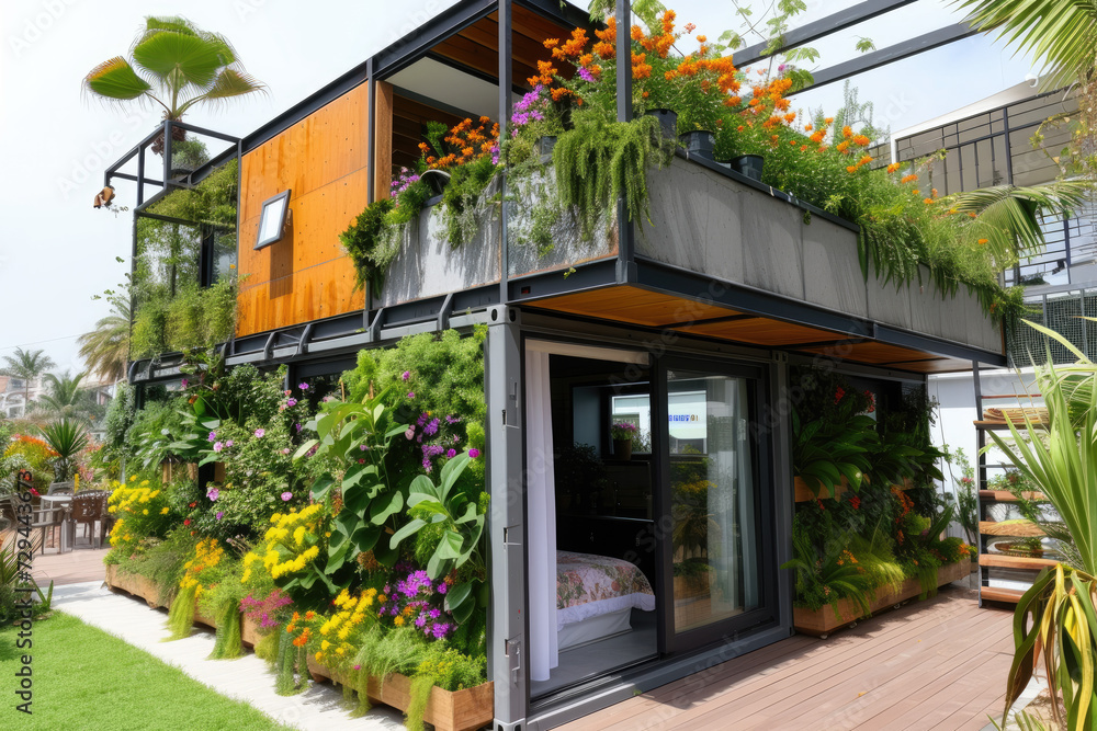 a modern container house with many tropical plants and flowers garden