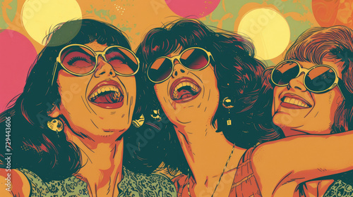 Happy diverse women in a vintage and retro style illustration