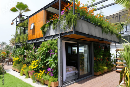 a modern container house with many tropical plants and flowers garden © Kien