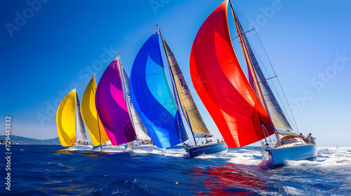 A group of racing yachts with colorful spinnakers at full sail competing in an offshore regatta.