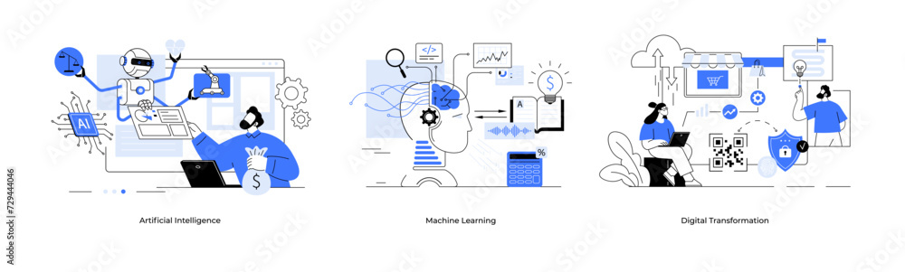 Artificial intelligence machine learning digital transformation concept set. Deep learning line vector. Ai, Data mining, algorithm, neural network, deep learning autonomous. Finance Fintech. Chat bot