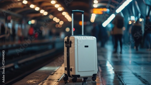 A white travel suitcase stands on the platform, passengers in the background photo