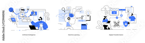 Artificial intelligence machine learning digital transformation concept set. Deep learning line vector. Ai, Data mining, algorithm, neural network, deep learning autonomous. Finance Fintech. Chat bot