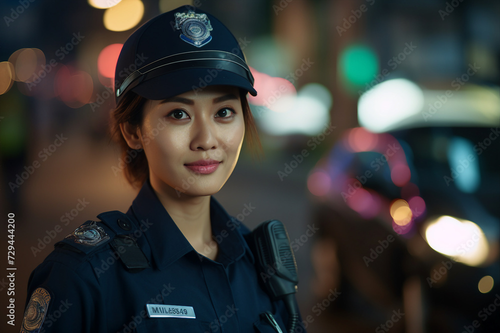 Young man woman working as police officer or cop closeup portrait blurred city background Generative AI Young man woman working as police officer or cop closeup portrait blurred city background Generative AI