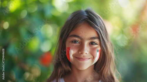 girl, about 10 years old, with a Mexican flag painted on her cheeks, on the street