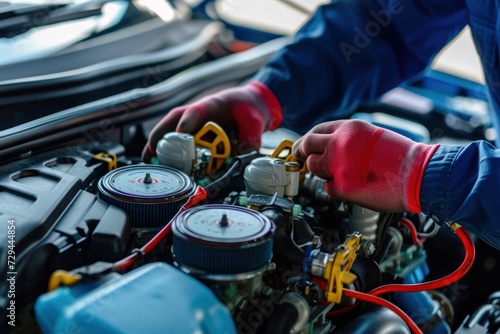 Car maintenance and service. Mechanics use manifold gauges. Check refrigerant and refill car air conditioner refrigerant