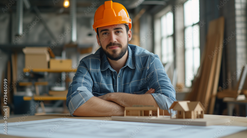 Smiling Engineer wear yellow hard safety helmet in a warehouse portrait, on modern Factory Office Smiling Engineer wear yellow hard safety helmet in a warehouse portrait, on modern Factory Office