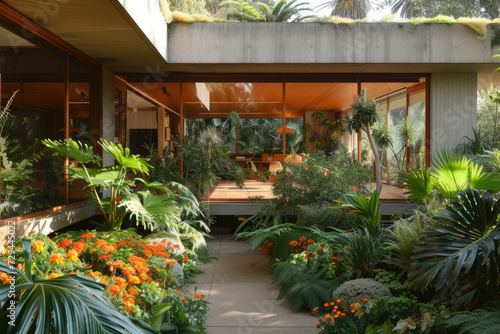 a modern house with many tropical plants and flowers garden