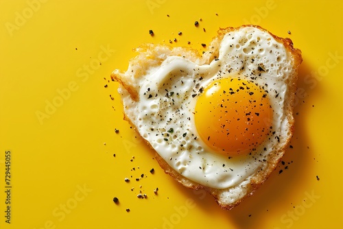 Fried egg in the shape of a heart on yellow background