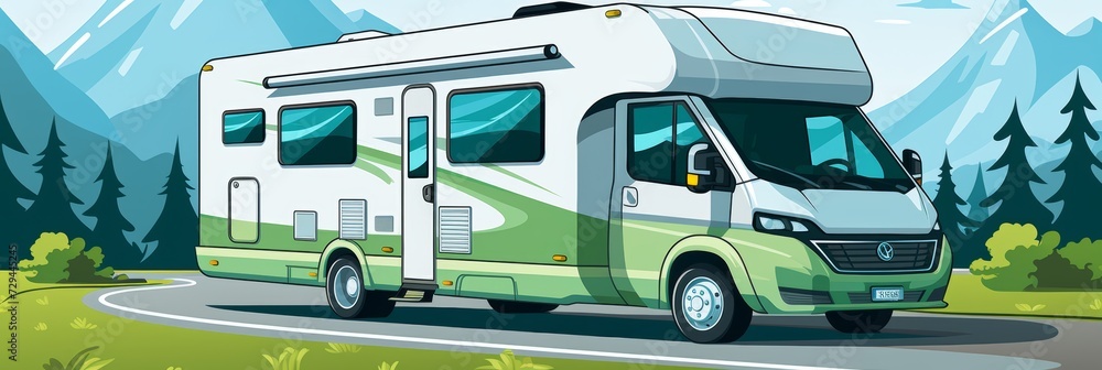 Green mobile home on a forest minimalistic background, cartoon style web banner, road trip concept Green mobile home on a forest minimalistic background, cartoon style web banner, road trip concept