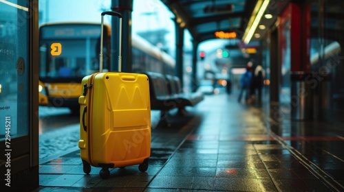 A yellow travel suitcase stands on the bus stop. City transport and travel concept