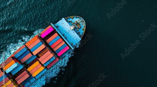 Aerial view cargo ship transporting containers across the sea.