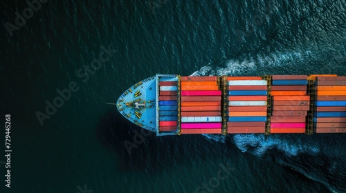 Aerial view cargo ship transporting containers across the sea.