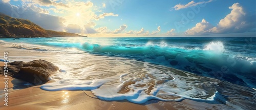 Turquoise ocean. Soft sand beach shore.