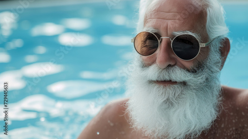 An aged man in sunglasses swims in the pool. Senior Caucasian man swimming in the pool. Photo of charming funky elderly man. high angle view photo