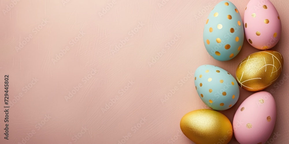Easter eggs on a pastel background. Minimalistic Easter banner with copy space.