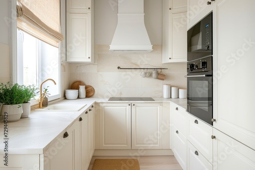 Classic Scandinavian minimalist kitchen in white and beige.