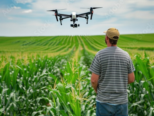 Rear view of farmer using drone to inspect corn field