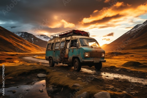 Old rusty blue camper parked on road in the mountains at sunset, summer travel concept