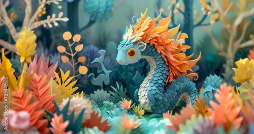 Captivating creation of a vibrant dragon organism crafted from paper, swimming amongst a colorful reef of fish in an enchanting aquarium © Vladan