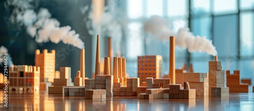 Industrial emissions harm the environment and ecosystems, including climate change. The wooden blocks rest on the table.