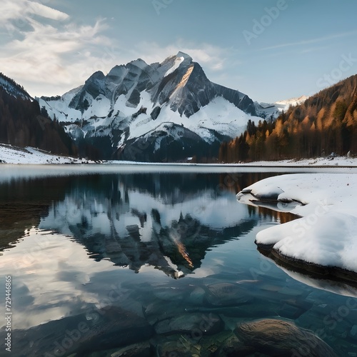 A majestic mountain landscape with snow-capped peaks reflecting in a crystal-clear alpine lake