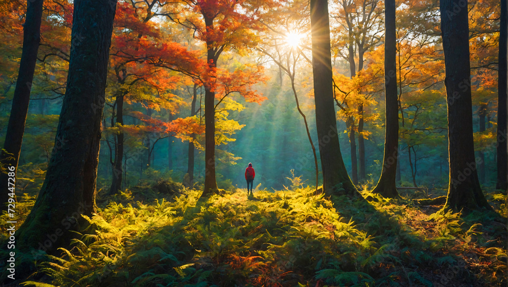 lone person walking in a serene and tranquil green forest 