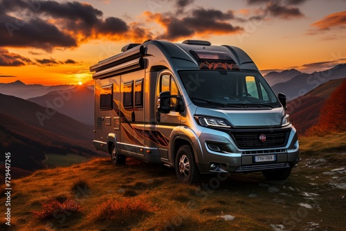 Modern grey camper parked in the mountains at sunset, with vibrant colors painting the sky