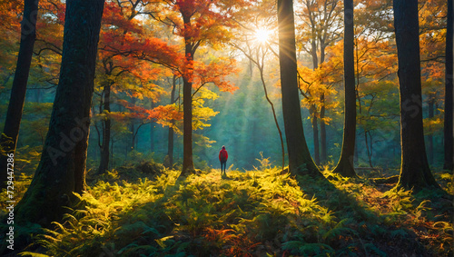 lone person walking in a serene and tranquil green forest 