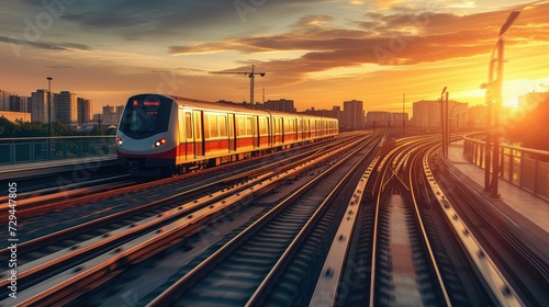 Passenger subway train traveling at a city in sunset.