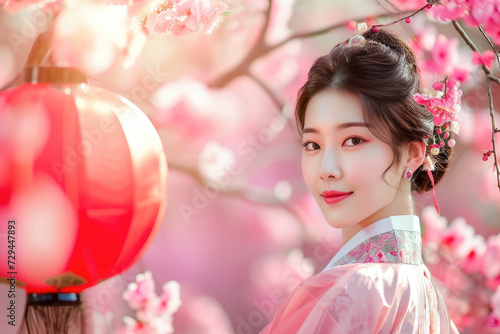 beautiful korean model in traditional dress holding a big lantern, cherry blossom background