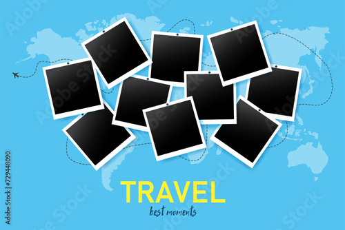 Collage polaroid frame photo mockup on a rope with clothespins. Best moment's. Worldwide trip journey. Travel concept. Vector illustration