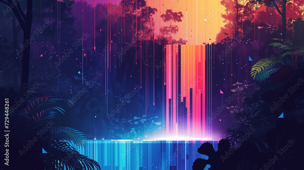 A waterfall flowing with data liquid histograms and box plots cascading into a pool of colorful, data-driven insights, surrounded by a forest of bar chart trees - obrazy, fototapety, plakaty 