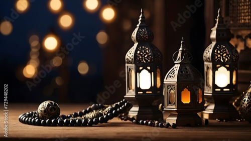 Capture images of traditional symbols associated with Ramadan, such as the crescent moon, mosques, lanterns (fanous), dates, and prayer beads (tasbih) 