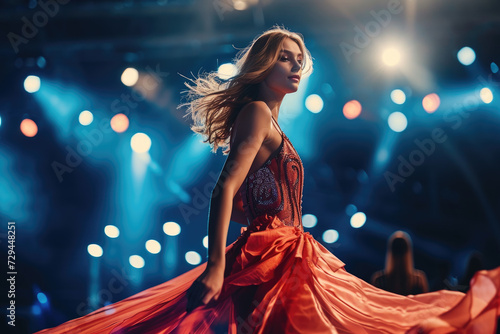 a beautiful professional female model in a dress on a walking stage at a fashion show week