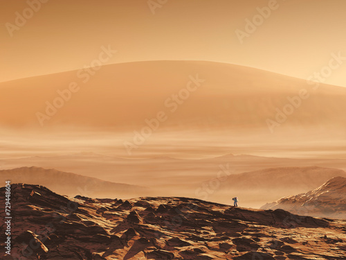 Billede på lærred Exkursion am Olympus Mons
Ein einsamer Forscher erkundet auf dem Planeten Mars das Gebiet um den Vulkan Olympus Mons