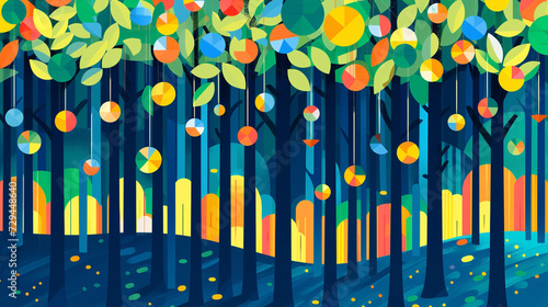 A forest where each tree represents a data point, its height correlating to statistical values, entwined with colorful graphs and pie charts as leaves photo