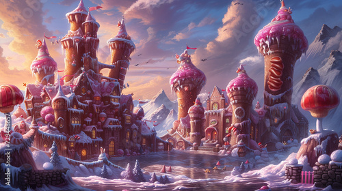 A frosty kingdom where castles are made of sundae towers, moats of melted chocolate, and citizens are joyous creatures made of candy and confectionery