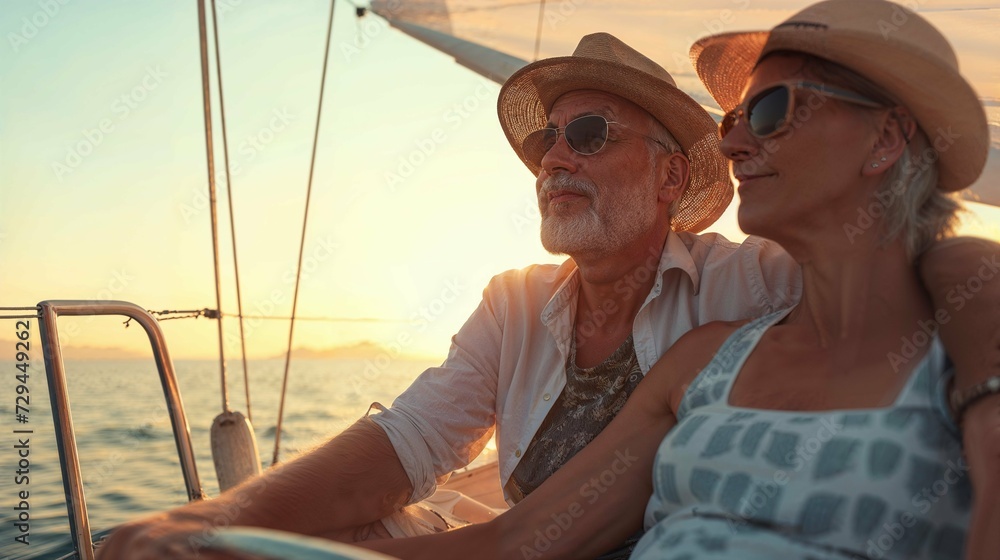 Elderly couple on sailing boat in the sea at sunset