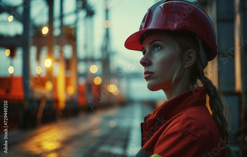 Woman worker with hard hat in a in an industrial port. Industrial Engineer in red Hard Hat, High-Visibility Vest Working in Container Terminal. © Mrs__DoubleF
