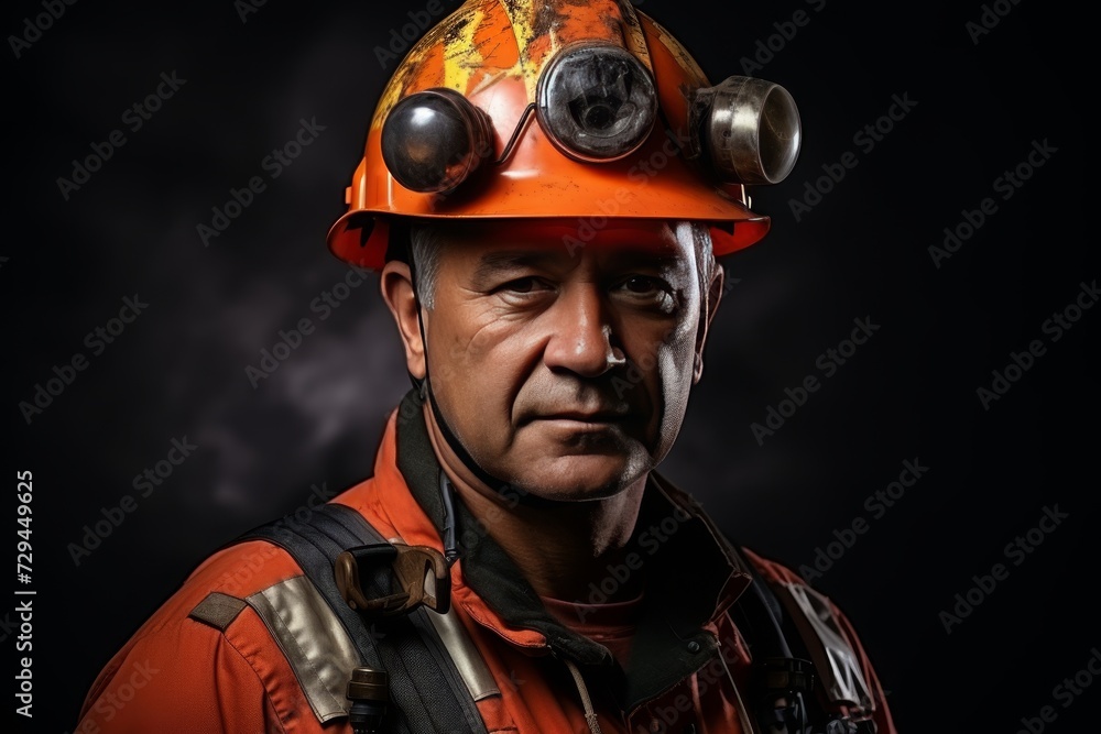 Professional adult male construction worker in safety helmet and overalls, close-up portrait on dark Professional adult male construction worker in safety helmet and overalls, close-up portrait on dark