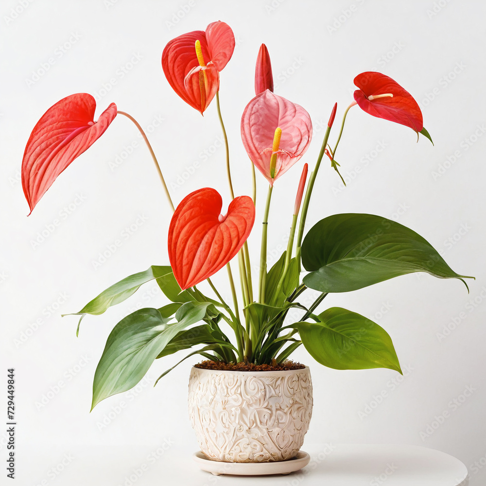 Obraz premium flamingo lily plant white flower pot Anthurium andraeanum isolated white background indoor plants
