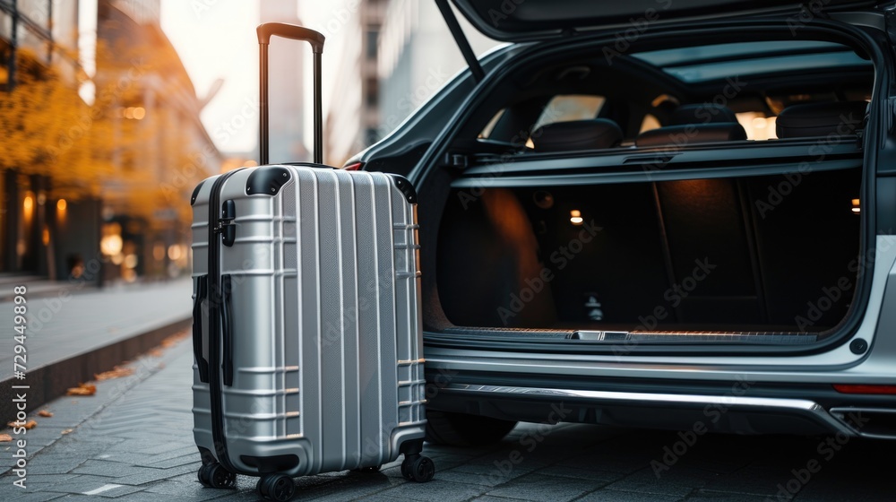 Suitcase in the trunk of a car, traveling by vehicle