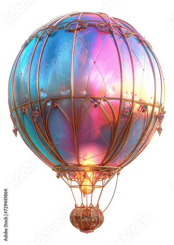 A photo of a colorful, shiny hot air balloon.