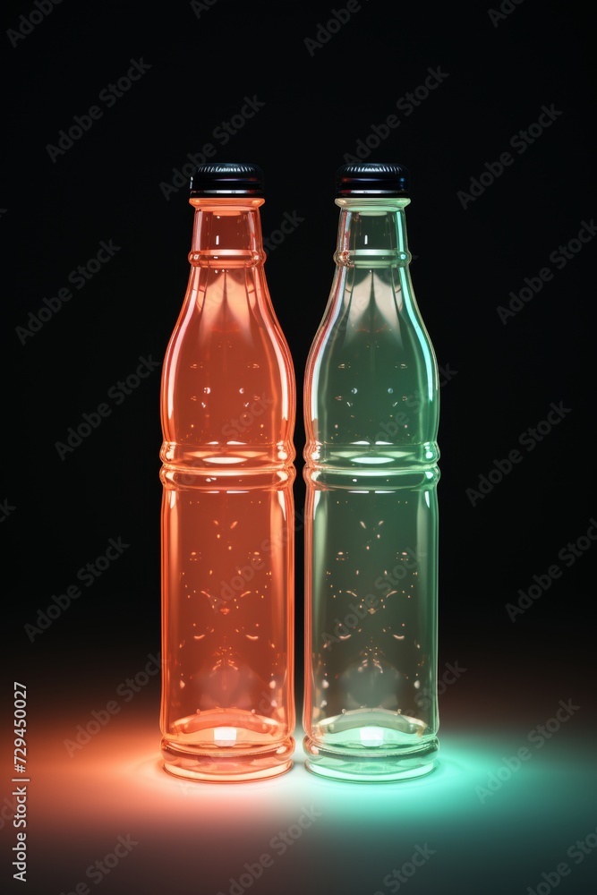 Minimalist glass bottles. solarization effect, orange and light emerald colors on black background Minimalist glass bottles. solarization effect, orange and light emerald colors on black background