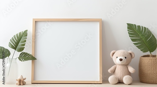 white rustic wooden blank frame mock-up on a white wooden baby shelve