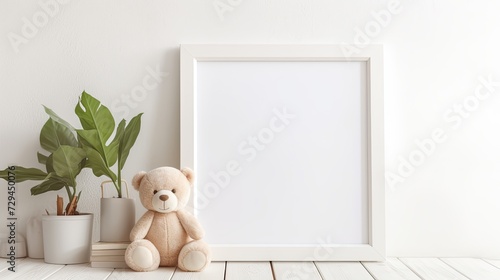 white rustic wooden blank frame mock-up on a white wooden baby shelve