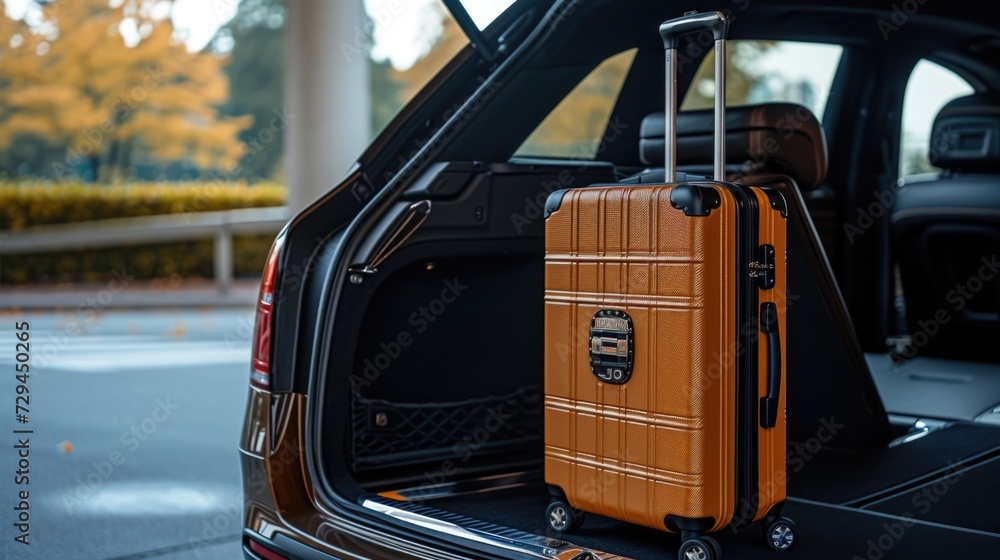 Fototapeta premium Suitcase in the trunk of a car, traveling by vehicle