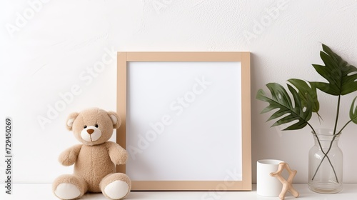 white rustic wooden blank frame mock-up on a white wooden baby shelve